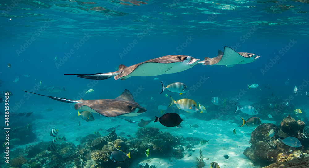 Fototapeta premium Graceful Rays Glide Through Crystal Clear Tropical Waters Below