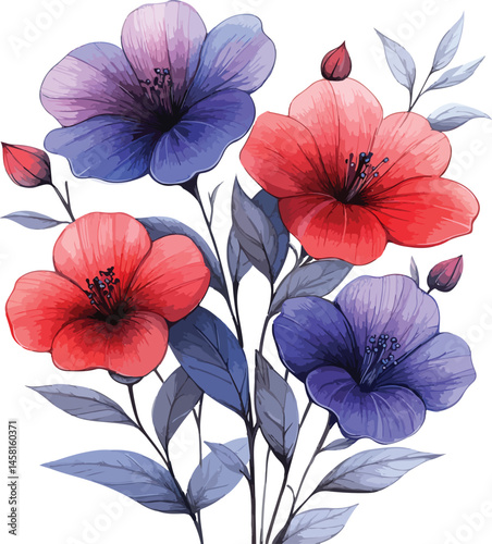 Vibrant Floral Design with Red, Green, Blue, and Yellow Flowers