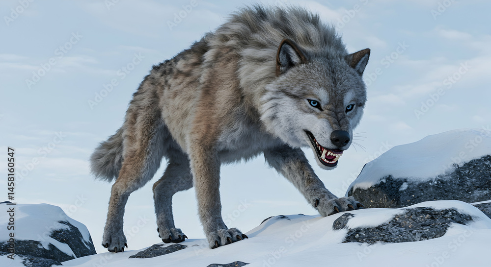 Obraz premium Fierce Wolf in Snowy Landscape Glaring at the Camera