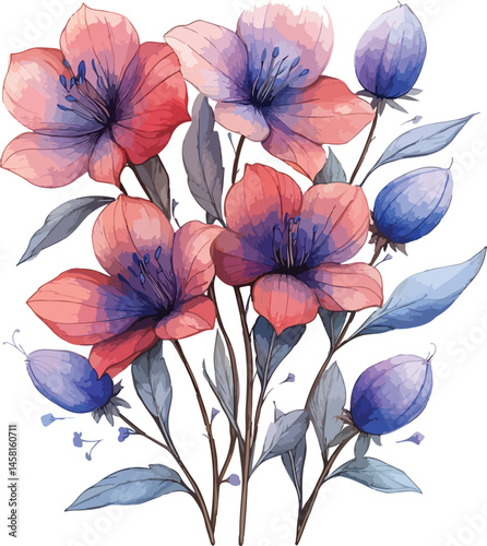 Vibrant Floral Design with Red, Green, Blue, and Yellow Flowers