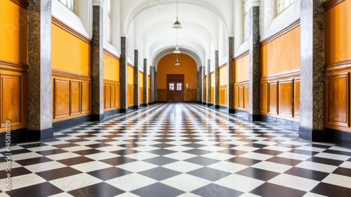 Elegant Hallway with Checkerboard Floor and Orange Walls