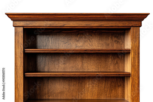 Elegant empty wooden bookcase with three shelves rich dark brown finish detailed crown molding isolated on transparent background