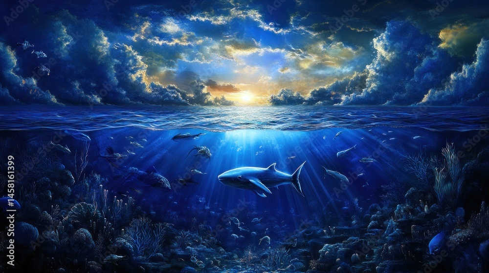 Obraz premium Underwater whale scene ocean wildlife sunset coral reef