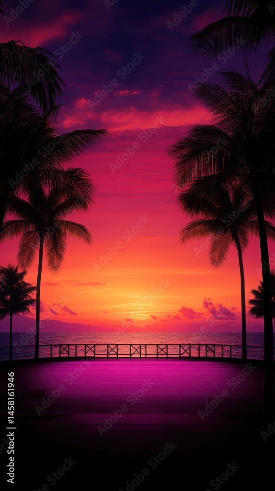 Obraz premium Vibrant sunset over ocean with silhouette palm trees