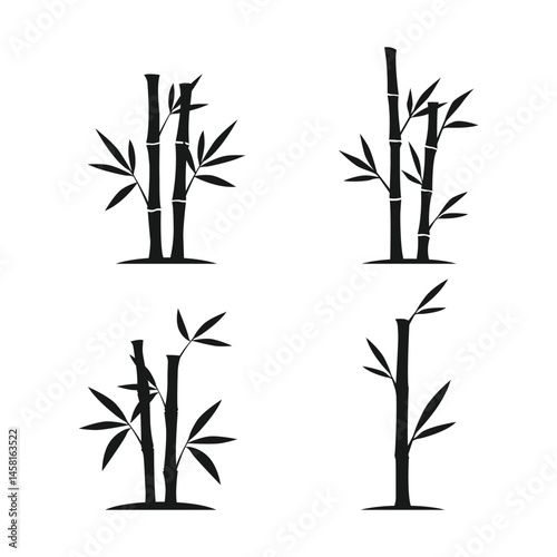 Set of Black Bamboo Tree Silhouette Vector Illustrations – Minimal Flat Design