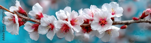 Blossoming apricot tree branches with springtime blue background concept. Beautiful cherry blossom branch in full bloom against a blue backdrop.