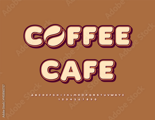 Vector Vintage signboard Coffee Cafe with Creative Bean. Cute Round Font. Retro style Alphabet Letters and Numbers set.