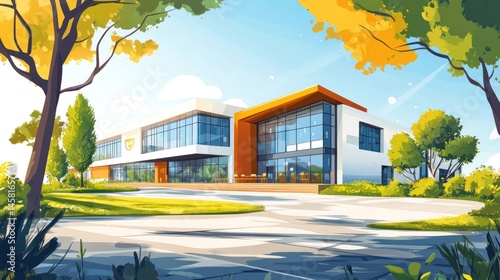 Modern school building with large windows, surrounded by lush green trees and landscaping.