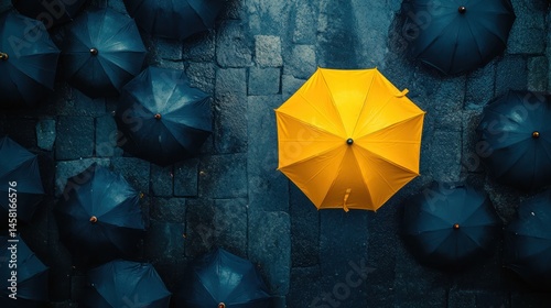 One yellow umbrella stands out among many black umbrellas on a wet cobblestone street, viewed from above.