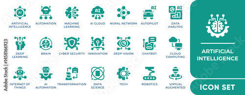 AI icon set showcasing smart machines, neural links, brain tech, circuits, automation, and futuristic systems. Fully editable vector illustrations