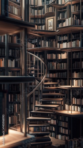 Spiral staircase in a large library filled with bookshelves.