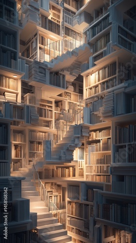 Surreal library with winding staircases and countless bookshelves filled with books.