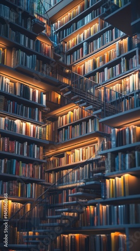 Person ascending stairs in a large, multi-level library filled with bookshelves and warm lighting.