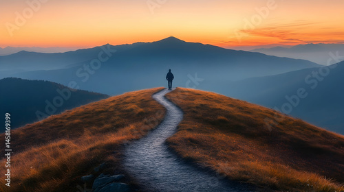 Lone wanderer on a mountain trail, embraced by the soft hues of dawn lighting