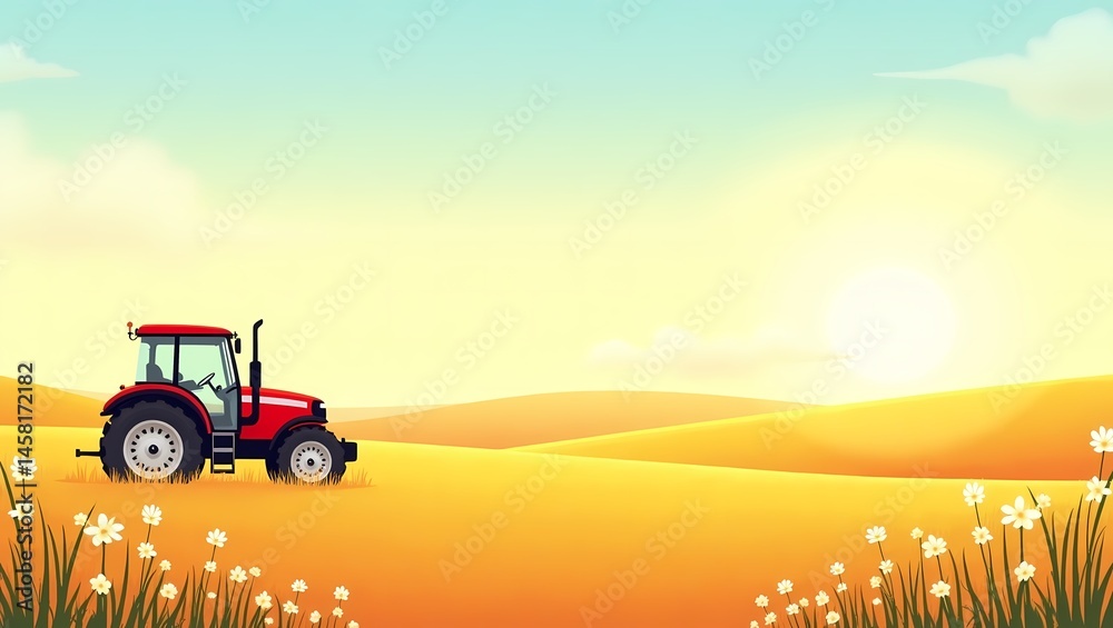 Fototapeta premium Tractor in Golden Field: A red tractor sits amidst rolling hills, bathed in warm sunlight. The field is a golden expanse, with a few wildflowers adding a touch of vibrancy.