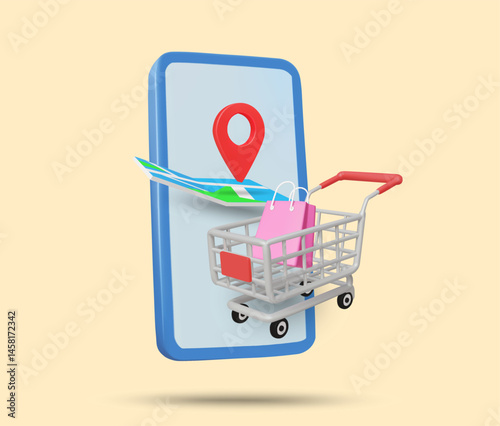 3D illustration vector render of map icon with coordinate pin and shopping cart with shopping bag on mobile phone screen. Concept of choosing products by service area,find branch, delivery by location