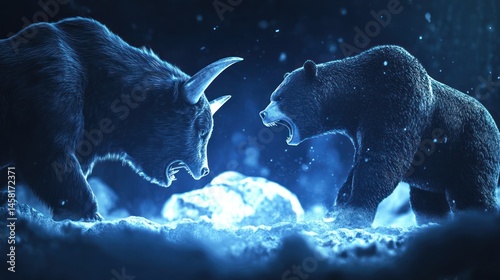 Wallpaper Mural Bull and bear facing off in snowy, dark scene, symbolizing market conflict. Torontodigital.ca