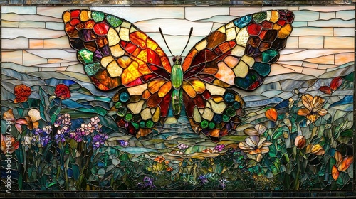 Vibrant stained glass butterfly amidst a landscape of flowers and mountains.  Detailed and colorful mosaic art depicts a butterfly, flowers, and a mountainous scene