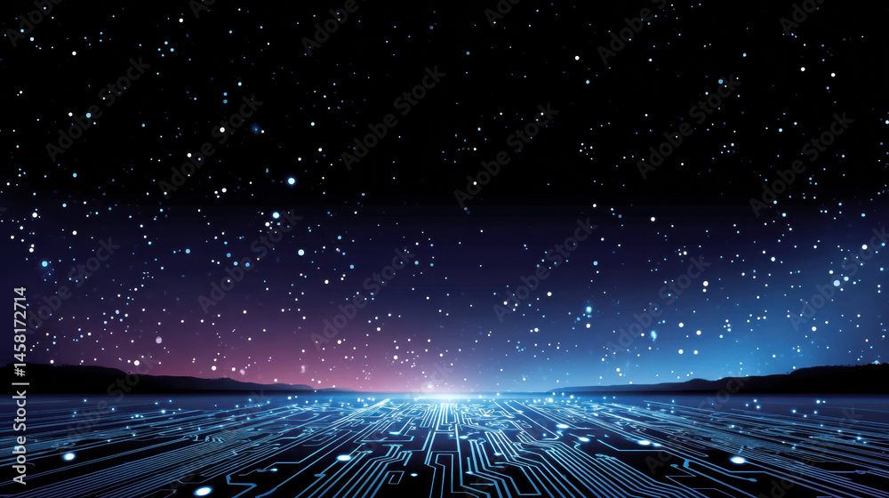 Obraz premium Starry sky above glowing digital circuit landscape, blending technology and cosmos in futuristic, imaginative night scene with sense of wonder and innovation