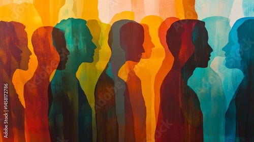 117.A vibrant composition of silhouetted profiles of multiethnic people, arranged in a layered design with soft gradients to emphasize unity and sociology themes.