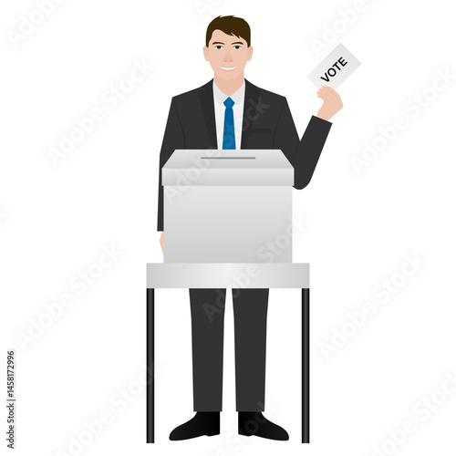 Man inserting Voting Paper into Ballot Box. Election Concept. Vector Illustration. 