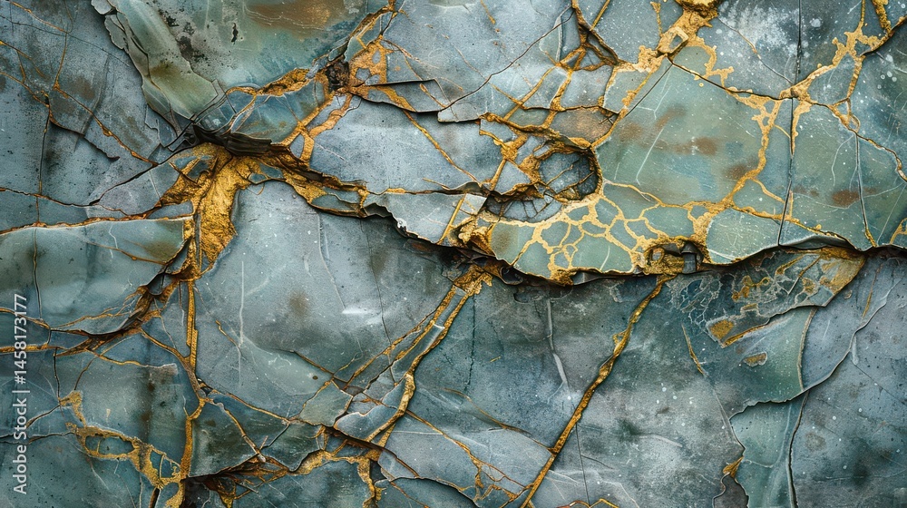 Obraz premium Close up of fractured teal colored rock with gold veins running through the cracks and crevices