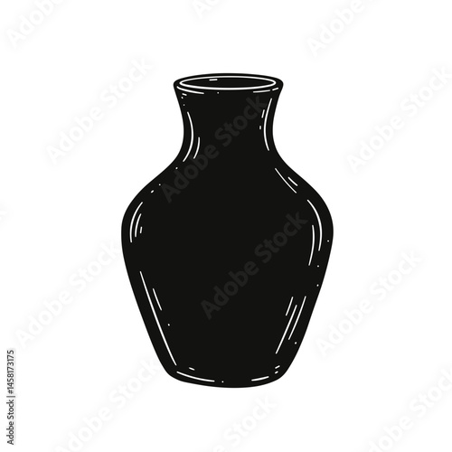 Black ceramic vase, black line art illustration on transparent background for logo design, packaging, tattoos, and minimalist decor