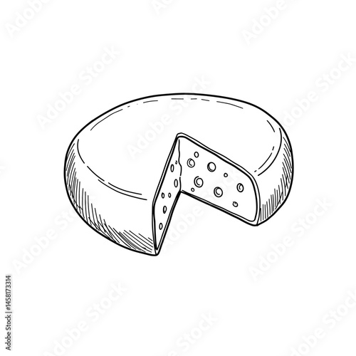 Cheese wheel with a slice, black line art illustration on transparent background for logo design, packaging, tattoos, and minimalist decor