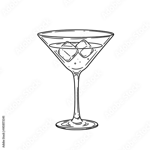 Martini glass with ice cubes, black line art illustration on transparent background for logo design, packaging, tattoos, and minimalist decor