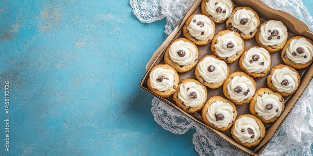 Box of delectable cookies topped with white frosting and chocolate chips presented elegantly Box of delectable cookies topped with white frosting and chocolate chips presented elegantly