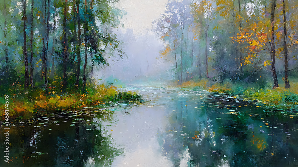 Fototapeta premium Abstract oil painting autumn landscape, forest and pond impressionist art, hazy fall morning