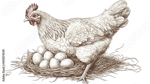 Detailed illustration of a hen with eggs in a nest.