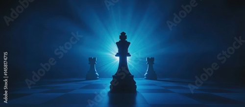 Strategic chessboard composition featuring a king piece with powerful rays of light