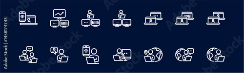 Remote Work Line Icons . Freelancer Work from Home, Video Call, Online Meeting, Teleconference Vector Set