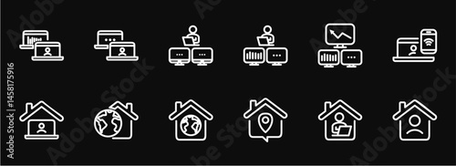 Remote Work Line Icons . Freelancer Work from Home, Video Call, Online Meeting, Teleconference Vector Set