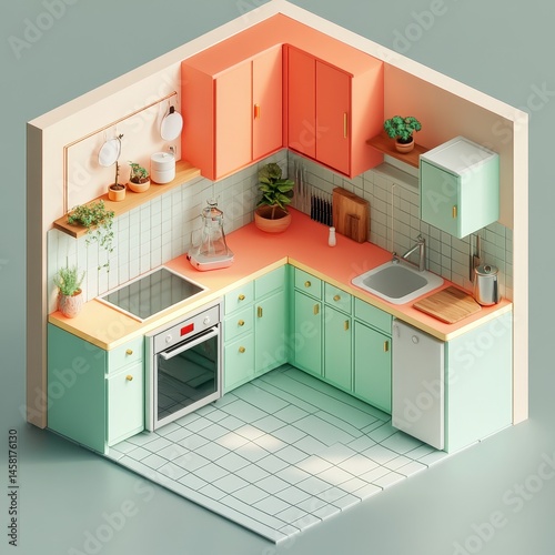 Isometric Minimalist Kitchen Design Pastel Green and Coral Accents