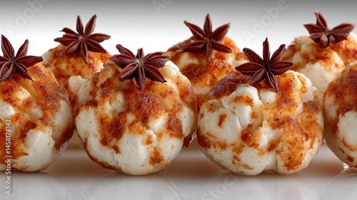 Unique gourmet cauliflower bites garnished with star anise showcasing culinary creativity and elegant presentation on a pristine white background emphasizing texture and flavor