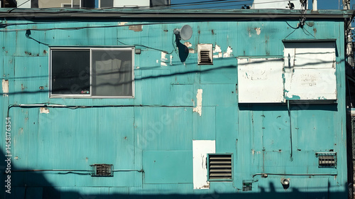 Wallpaper Mural Weathered turquoise exterior facade with various architectural details and age marks Torontodigital.ca