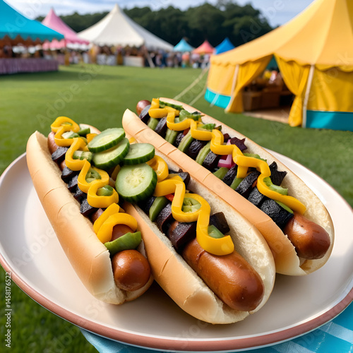 Close-up view of vegan hotdogs with fresh toppings on a serving platter in front of a whimsical festival tent