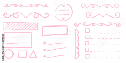 Coquette bullet journal elements. To-do list and stickers for gilly notebook planer. Hand drawn flourishes and stickers