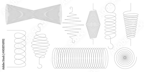 Abstract line icons with spring spiral and coil elements suitable for contemporary designs packaging stationery invitations logos web templates and versatile creative uses