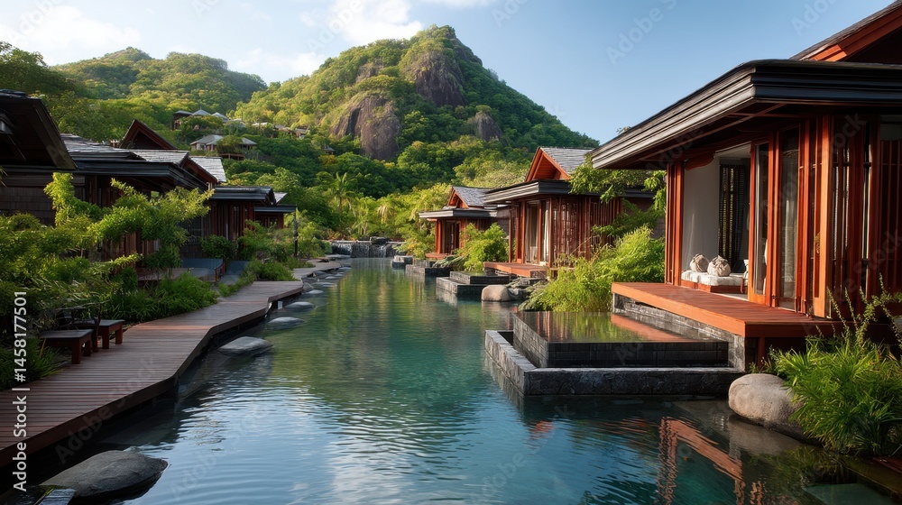 Naklejka premium Serene Luxury Villas Along Tranquil Waterway Surrounded by Lush Green Hills and Nature