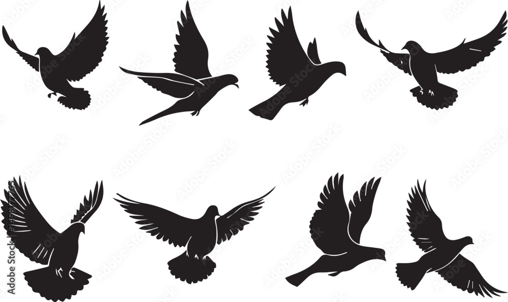 Naklejka premium Doves in Flight Black and White Silhouette