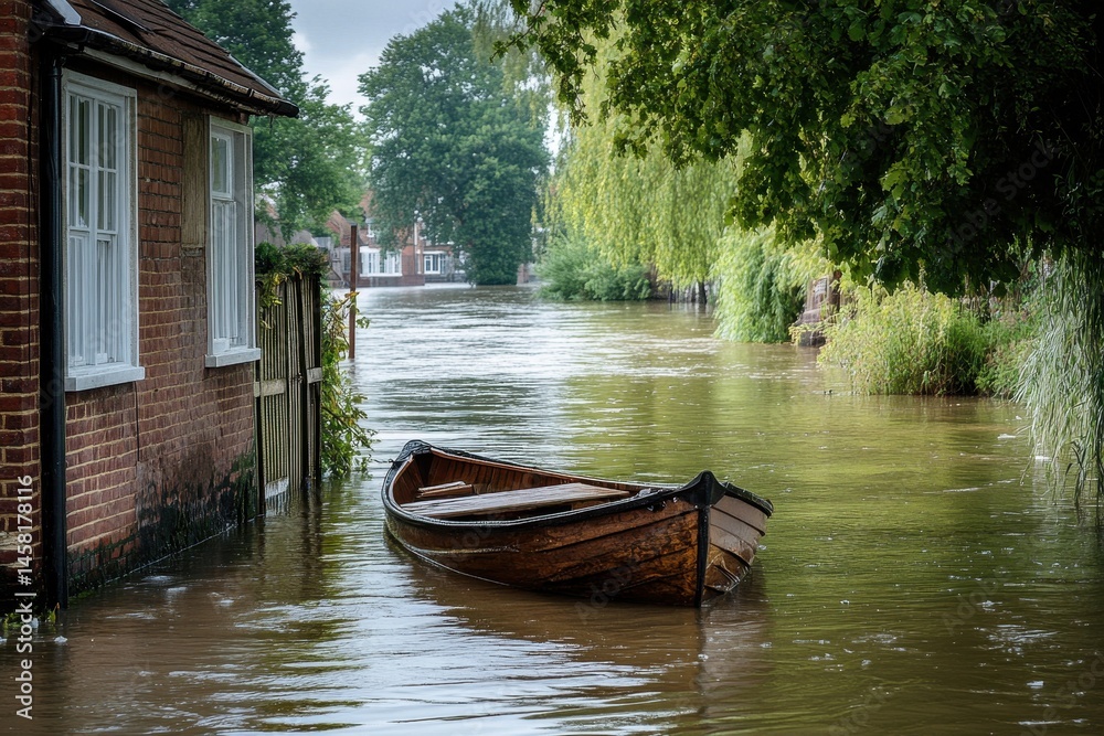 Floodwater surrounds homes along the River Thames causing disruption in the UK, Floodwater damage River Thames, UK Floodwater surrounds homes along the River Thames causing disruption in the UK, Floodwater damage River Thames, UK