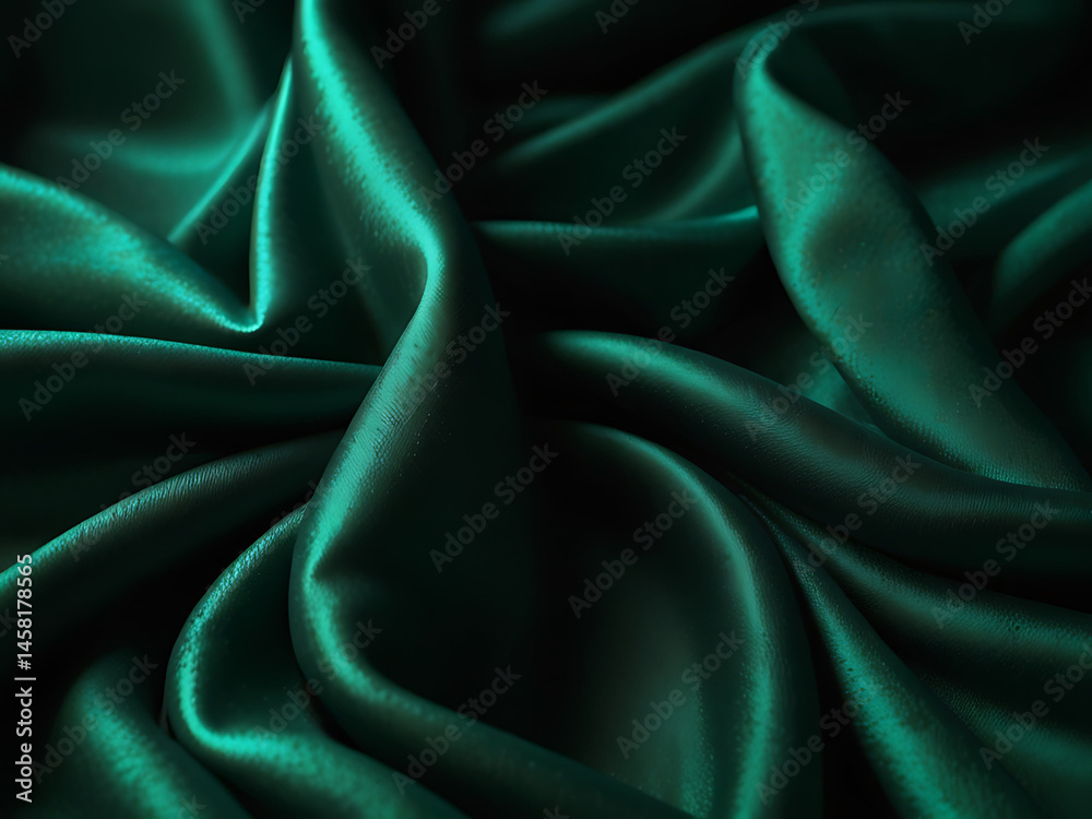 Fototapeta premium Elegant Deep Green Satin Fabric Draped Smoothly on a Surface Showcasing Rich Texture and Natural Shine Perfect for Background or Textile Design