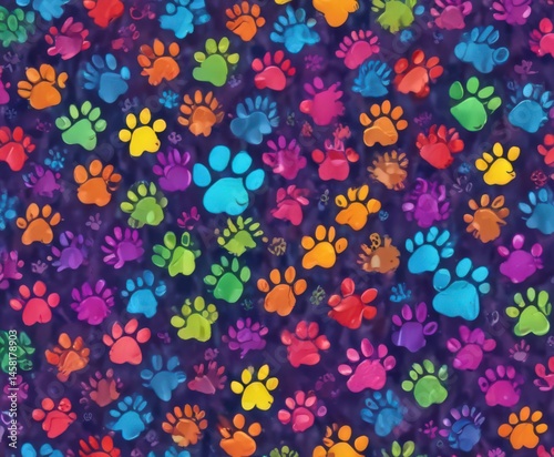 Vibrant rainbow paw prints, seamless doodle pattern,  graphic,  paw print illustration