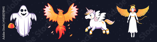 a set of magical creatures with wings. angel, phoenix, ghost, unicorn