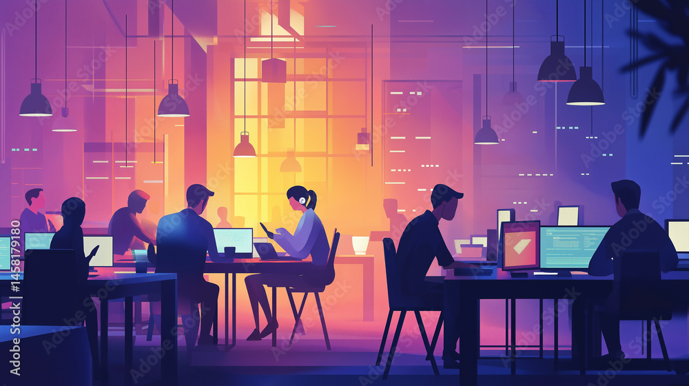 Fototapeta premium Busy Office Scene in Pop Art Style – Concept for National Workaholics Day