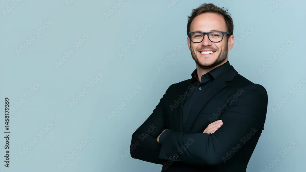 A man in a suit and glasses is standing in front of a wall. He is smiling and has his arms crossed A man in a suit and glasses is standing in front of a wall. He is smiling and has his arms crossed
