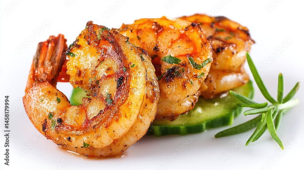 Grilled shrimp arranged on a slice of fresh cucumber garnished with rosemary capturing the vibrant flavors of gourmet cuisine enhancing the dining experience captured with clarity Grilled shrimp arranged on a slice of fresh cucumber garnished with rosemary capturing the vibrant flavors of gourmet cuisine enhancing the dining experience captured with clarity